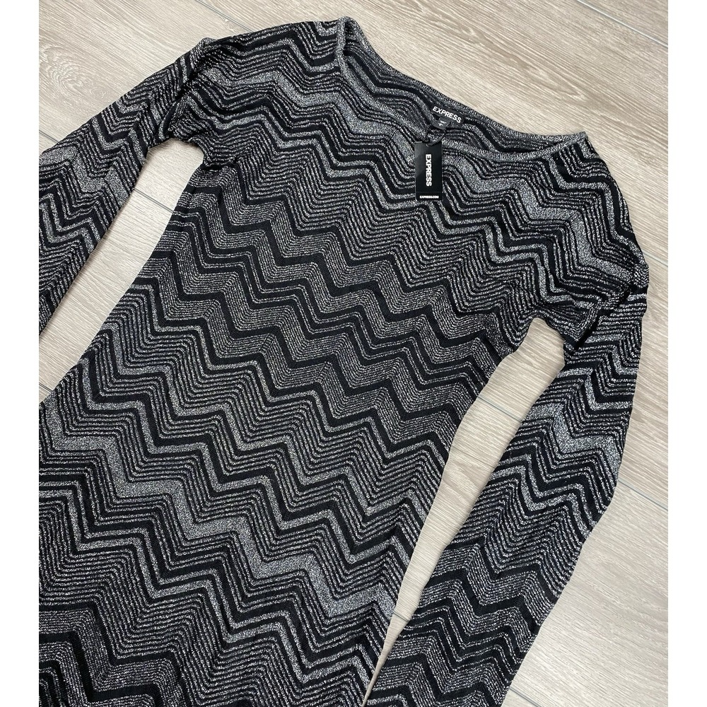 Express Women's Long Sleeve Knit Zigzag Pattern Mini Dress Black Grey Size L New